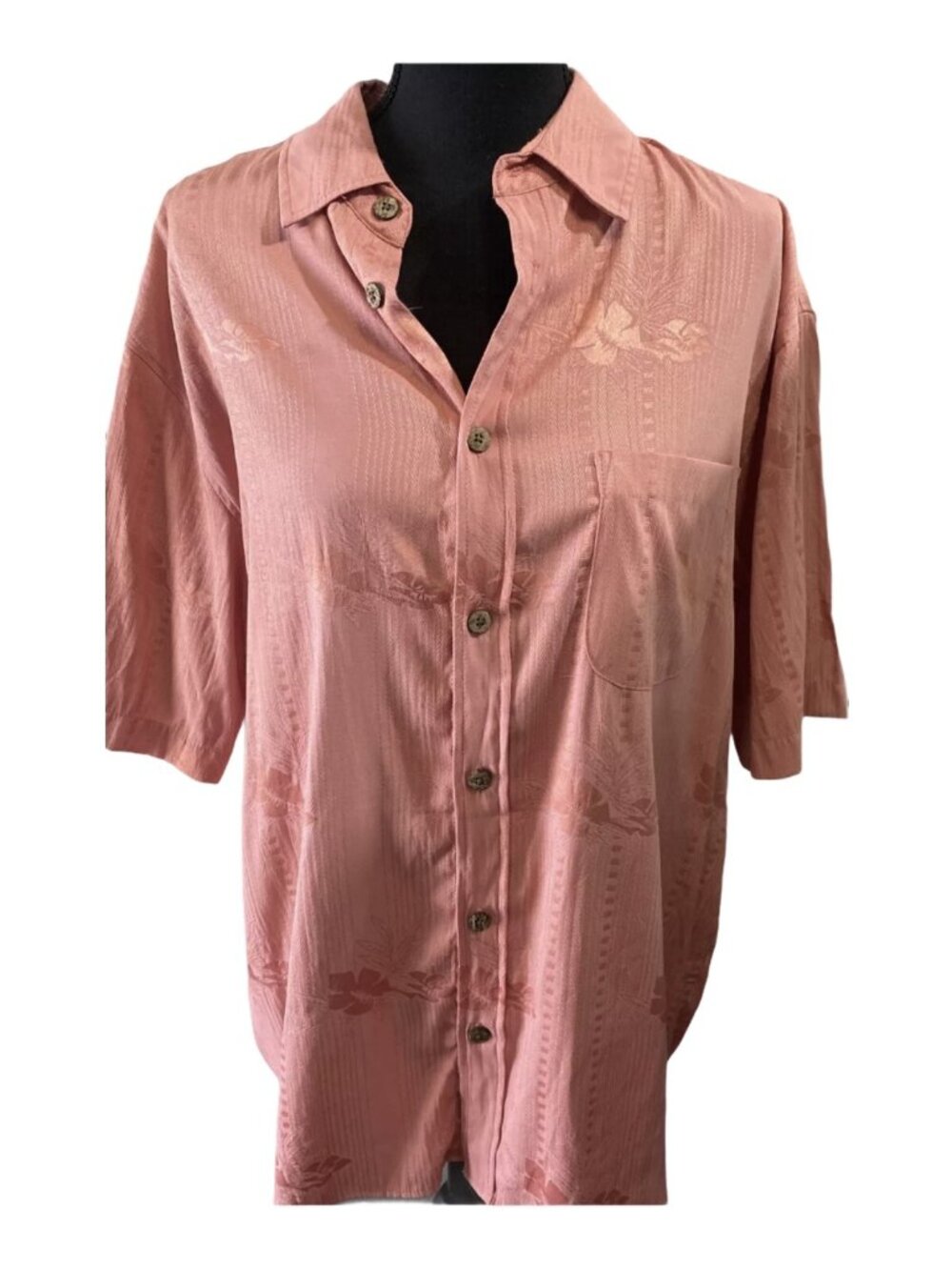 PARADISE BLUE Men Hawaiian Short Sleeve Collared Shirt Sz L Peach Pink 7-5